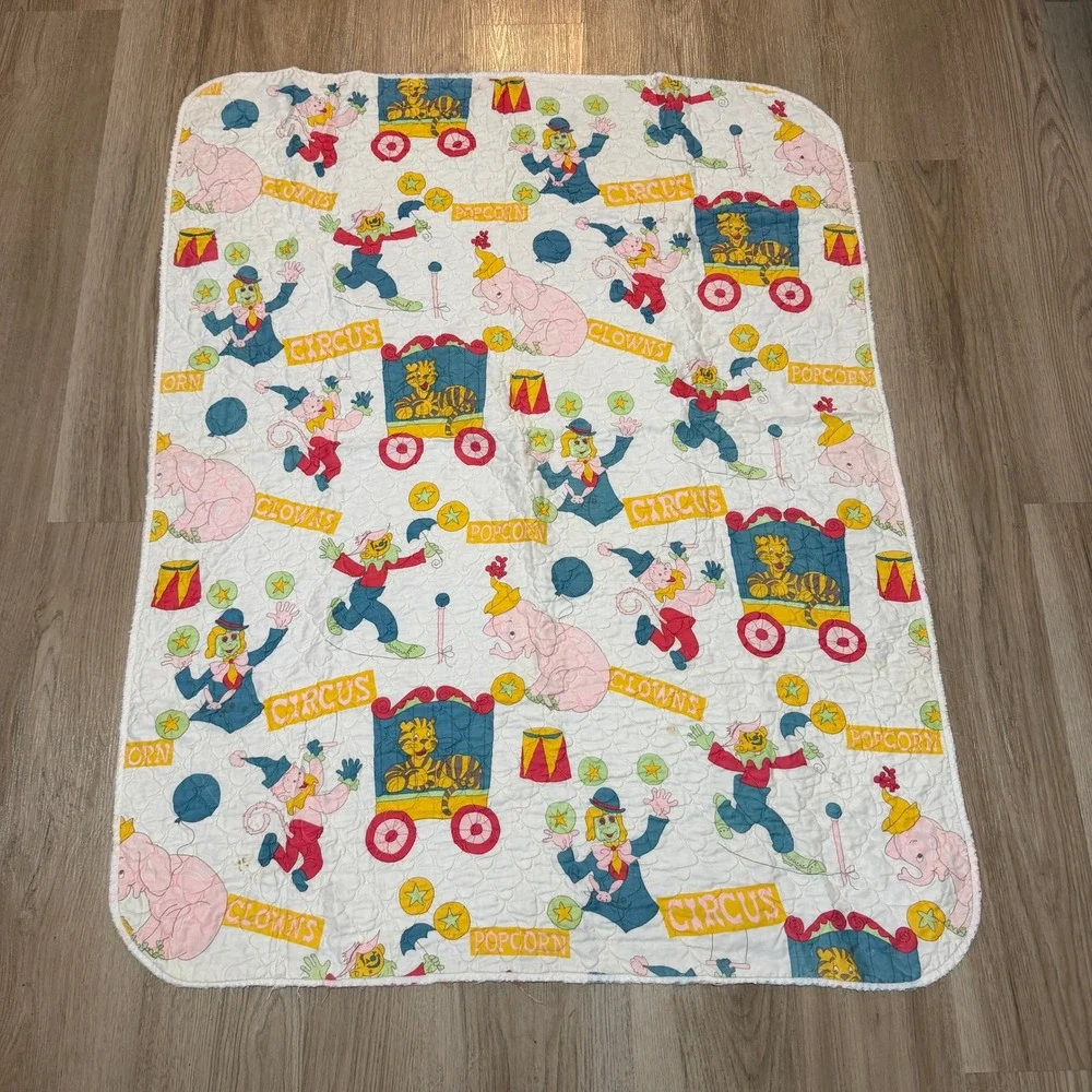 Vintage Circus Clown Baby Quilt Blanket White Multicolor 51x41 1970s 1980s